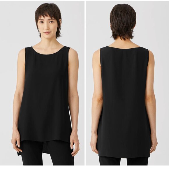 Eileen Fisher | Silk Georgette Crepe Bateau Neck Tank In Black - Picture 2 of 9
